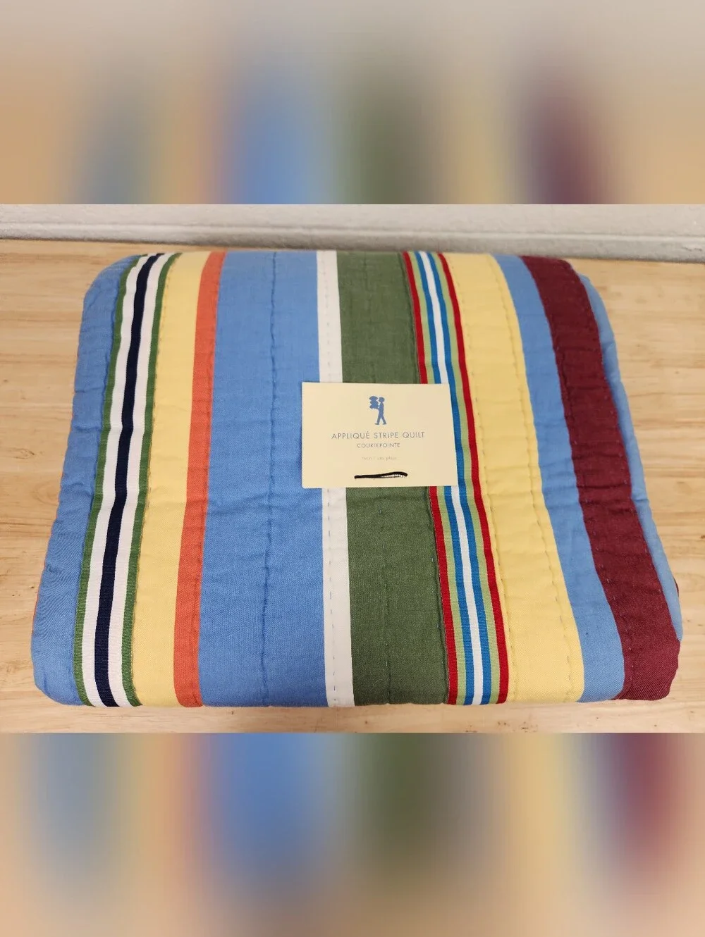 Pottery Barn Kids Applique Stripe Quilt Sz Twin Primary Colors Americana Ribbon